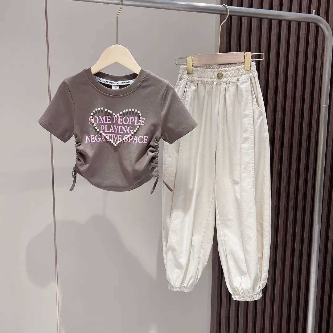 Teenage Girl Clothing Set 2023 Summer New Girl Baby Short sleeved T-shirt Pants Two piece SetT250327