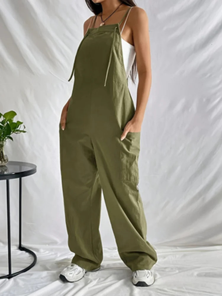 Womens casual minimalist hanging jumpsuit wide leg summer trend with pockets fashion in 250326