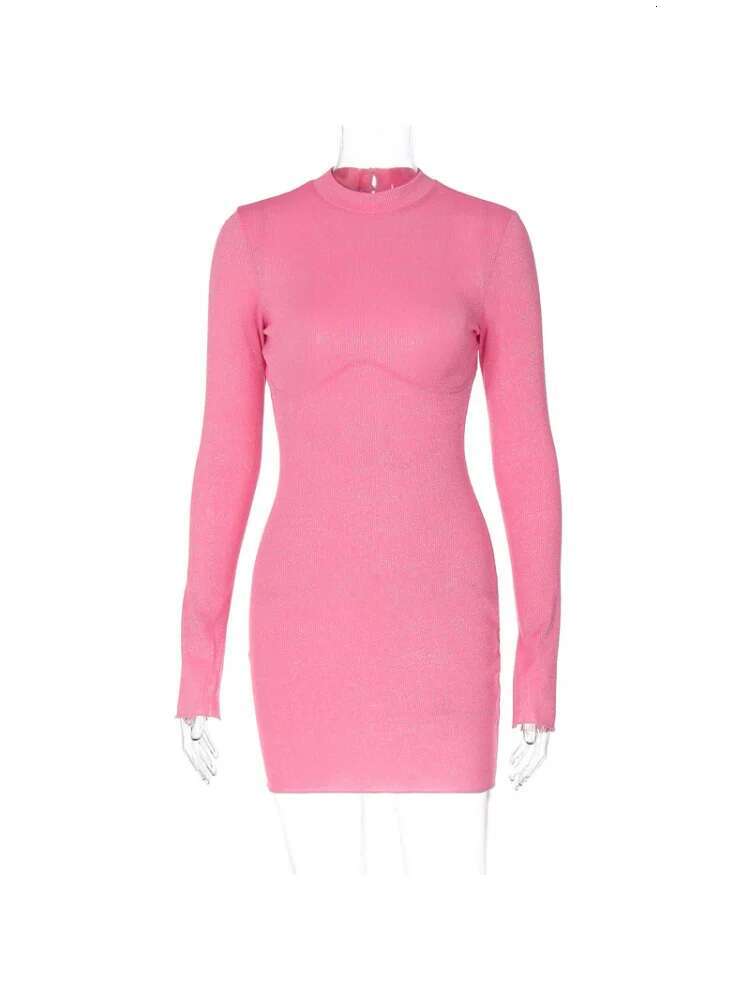 Dongdumaoyi Nieuwe Effen Kleur Mode Heldere Zijde Lange Mouw Sexy Halter Slanke Street Style Jurk C