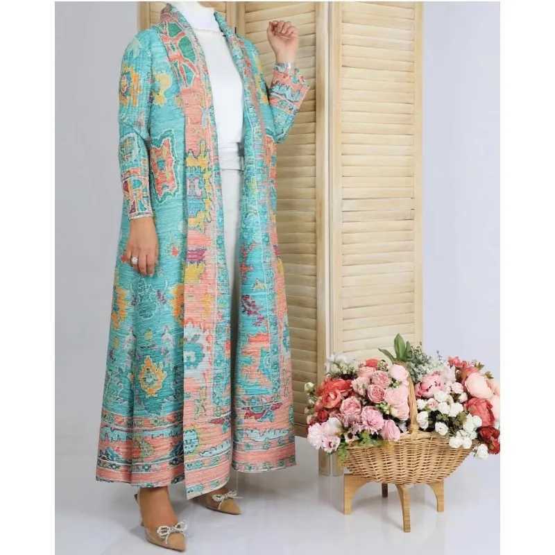 Womens Abaya Retro Printed Design Flip Collar Long Open Large Bow Tie Arab Womens Luxury Abaya 2025 X250327