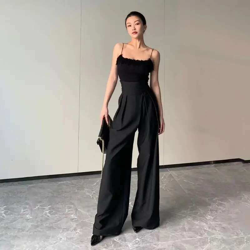 2024 Black Design Wide-Leg Pants Women's Slimming Suit Pant Magic High Waist Loose Straight Drong Mopping Casual Trousers