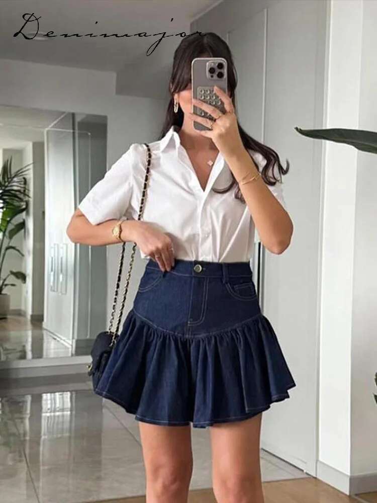 Elegant Urban Lapel Belt Women Skirt Set Long Sleeve Per Top High Waist Pleated Mini Skirts Spring Summer Chic Lady Suit
