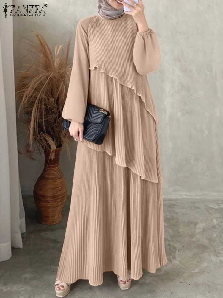 ZANZEA Patchwork Lantern Slve Abaya Robes Women Plisse Layered Elegant Maxi Dress Muslim Fashion Islamic Hijab Pleated Dress X2505141