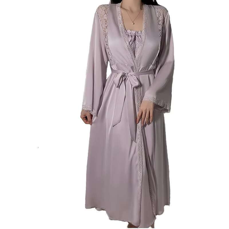 Wholesale Small Size Pure Satin Sheer Lace Robe Deep V Slip Silk Sexy Pamas Nightgown Sleepwear Nightdress For Women Set