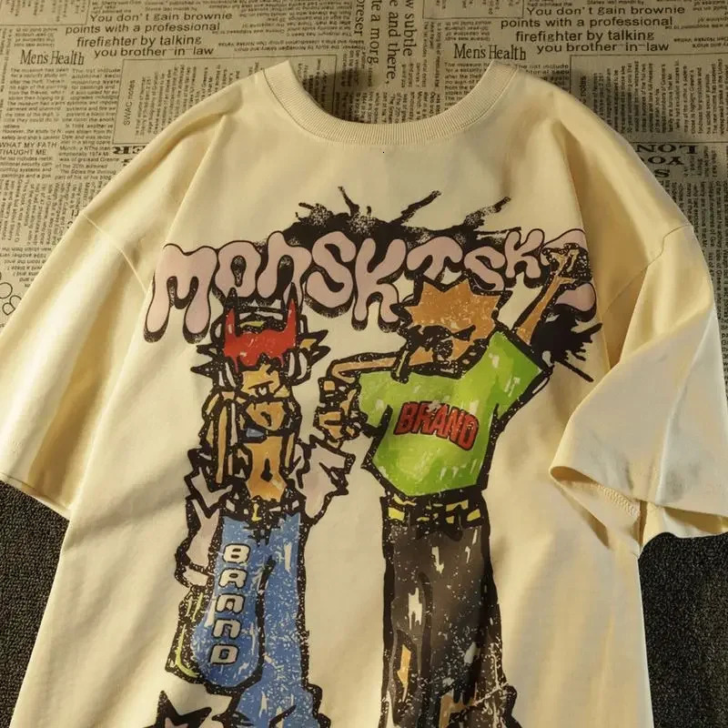 Fashionable American Street Cartoon Printed Tshirt for Men and Women Summer Y2K Hip Hop Loose Cotton Half Sleeve Top 250318