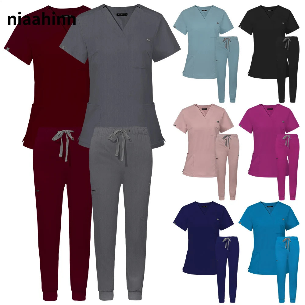 Short sleeved Scrubs nursing uniform nurse womens Vneck pocket workwear dental mens clinic scrub set 250326