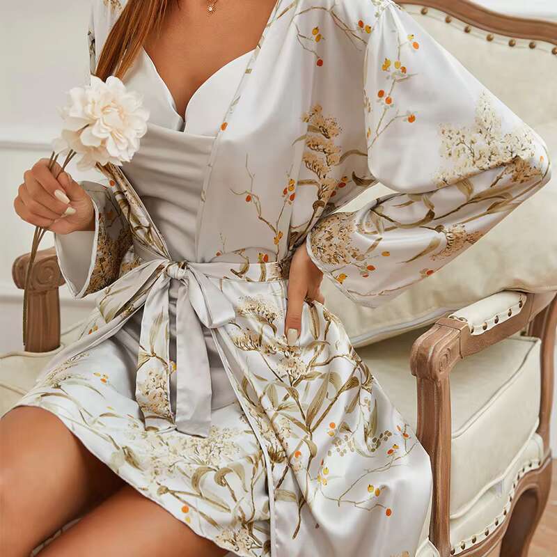 S-5Xl Cherry Printed Design Summer Satin Slip Dress Women Bodycon Dresses Sexy Elegant Silk Pama 2 Pieces Robe Set