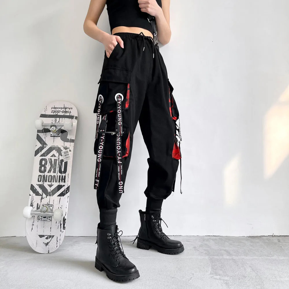 Women Cargo Pants Harem Pants Fashion Punk Pockets Jogger Trousers With Chain Harajuku Elastics High Waist Streetwear 250324