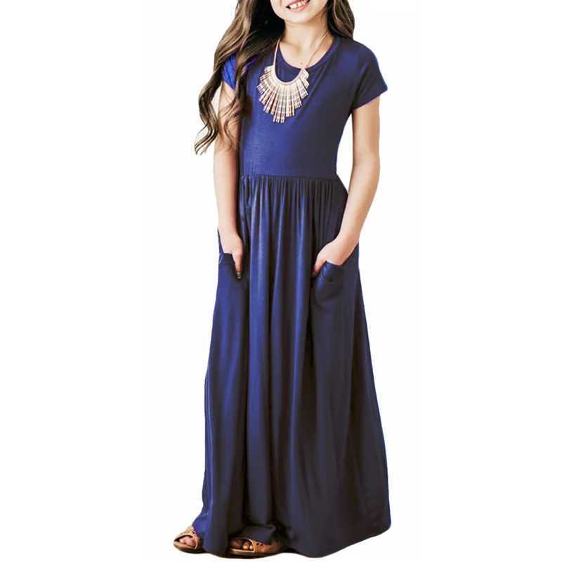 Summer girls new solid color short sleeved long skirt beach Par birthday casual fashion show version A-Line dress W250326