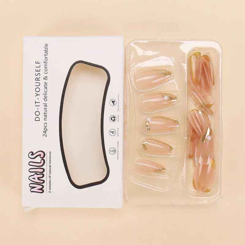 24 pieces of French gold edged wearable almond pressed on fake nails simple pearl decoration fake nail glue complete set of hand toolsXJ250327