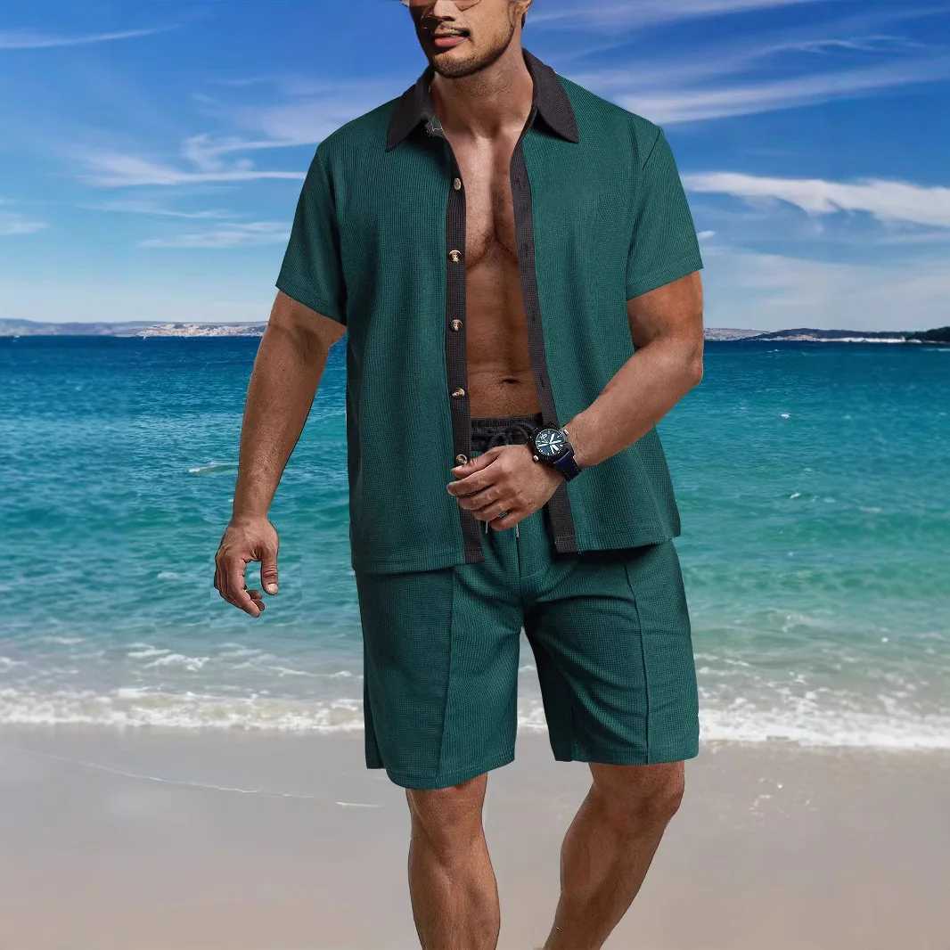 Mens fashion trend casual collar button color shirt short sleeved shorts set summer beach mens sports two-piece setXJ250326