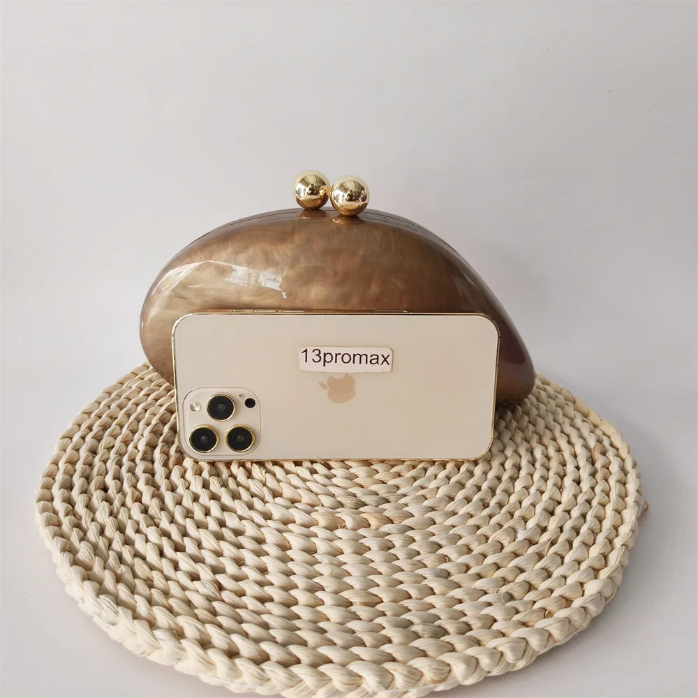 Irregular dumping solid brown coffee acrylic box clutch bead handbag womens shoulder evening beach party 250326