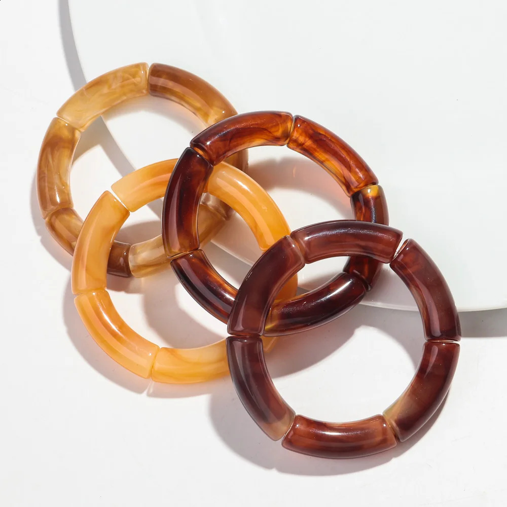 Bamboo Tube Acrylic Stack Elastic Bracelets set for Women Men Vintage 4pcs Chunky Big Elbow Beaded Cuff Bangle Boho Jewelry 250326