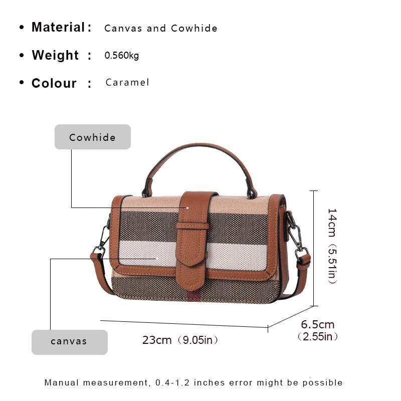New Women's Single Shoulder Crossbody With Plaid Pattern Canvas And High-Quality Cowhide Small Square Bag