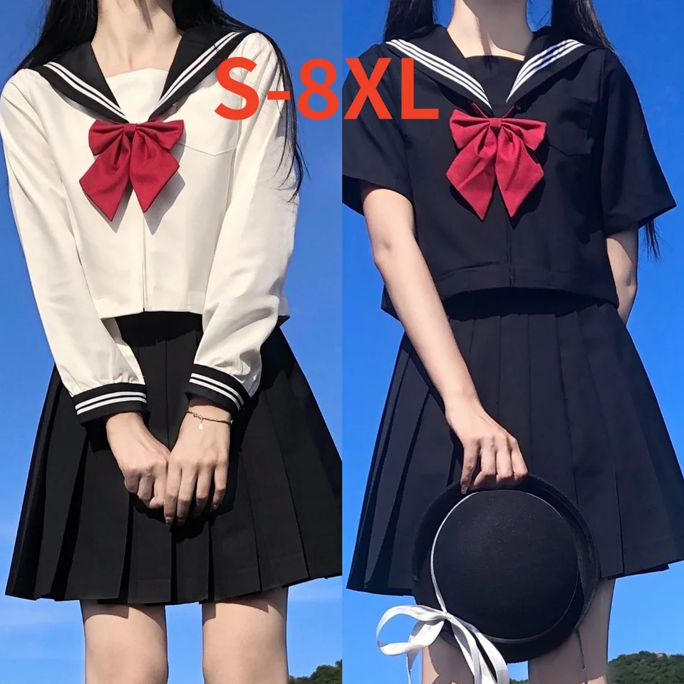 Japanese school uniform girl S8XL plus size Jk set white twopiece black three piece basic sailor womens long sleeved 250326