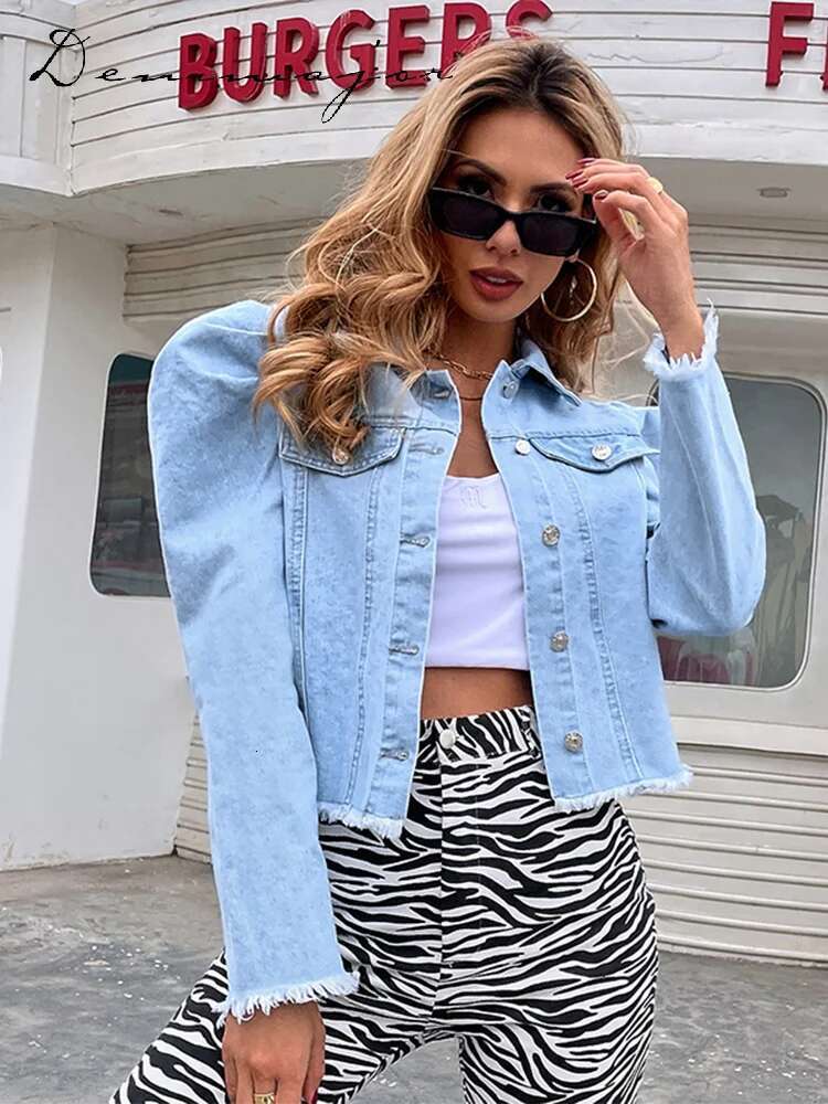 Washing Denim Women Jacket Turn-Down Collar Bubble Sleeve Single Breasted Slim Female Jackets Spring New Fashion Lady Coats
