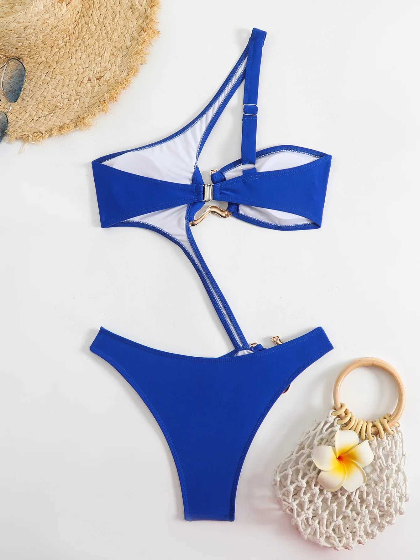 Sexy Black Hollow Out Bikini 2025 Women One Shoulder Metal Designer Backless Thong One Piece Swimsuit Summer Bathing SuitsC250314