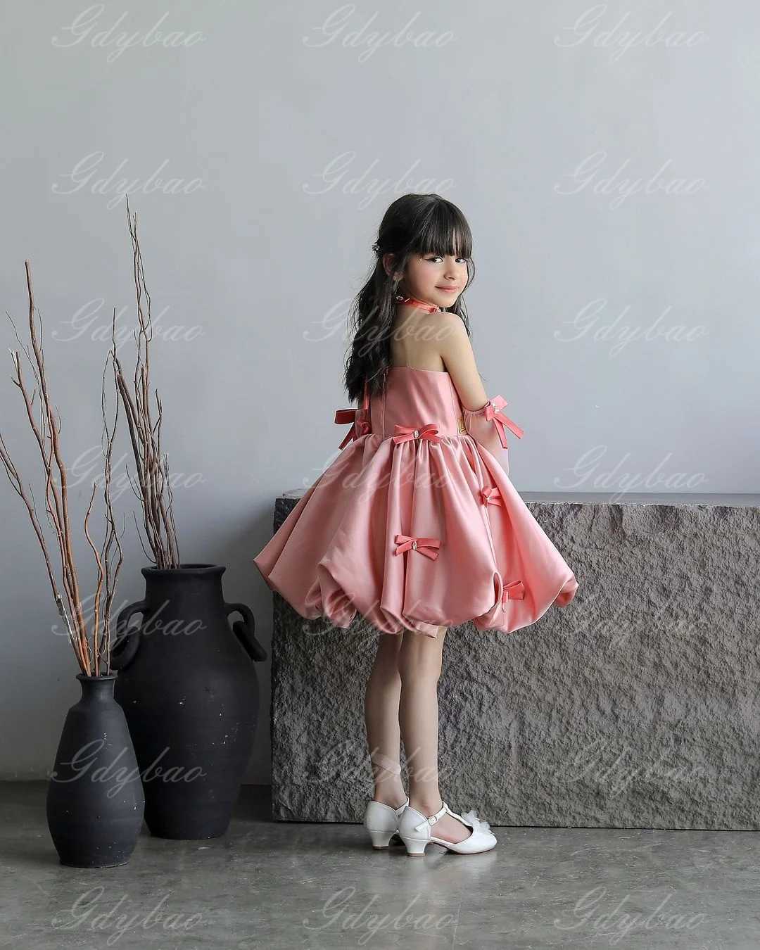 Elegant flower girl wedding dress used for wedding satin bow sleeveless ball dress birthday party first girl social dress W250326
