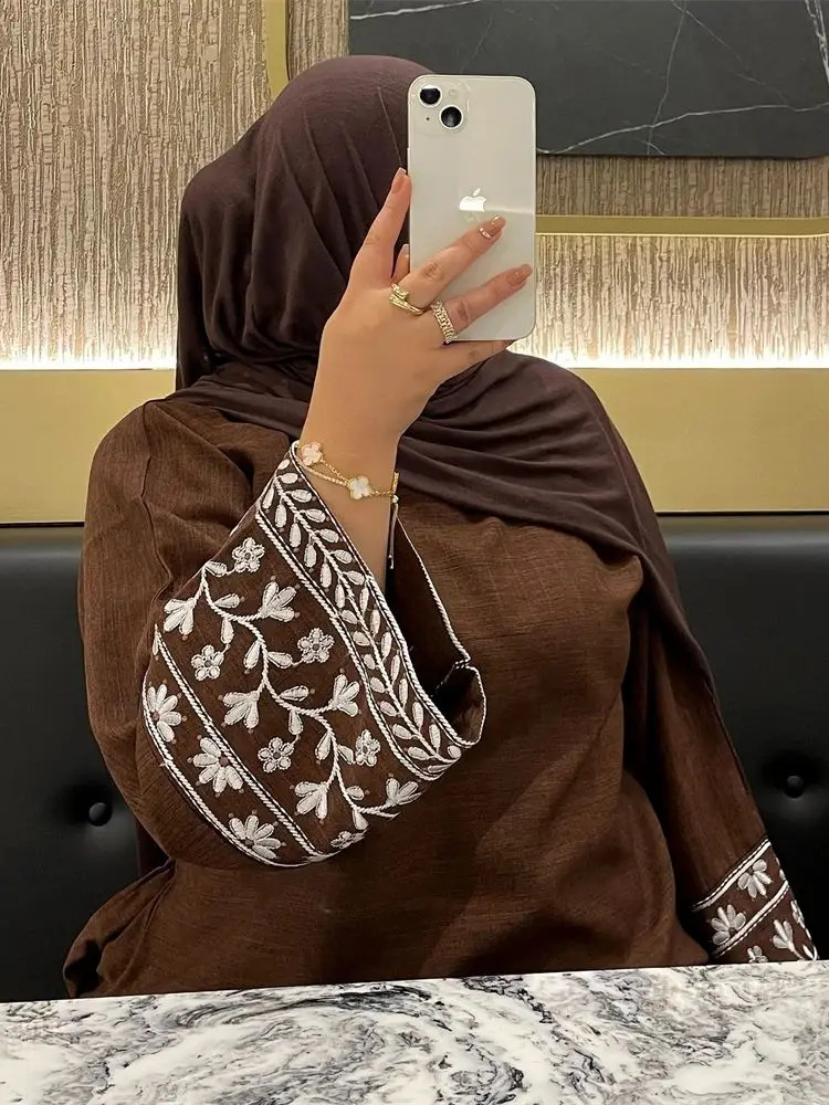 Linen flower y Abaya y elegant retro Kaftan womens Islamic clothing 250326
