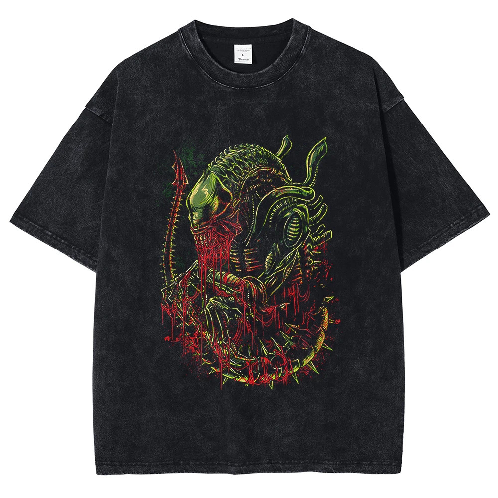Mens Tshirt retro horror killer alien pattern printed short sleeved summer cotton oversized unisex top Y2K 250318