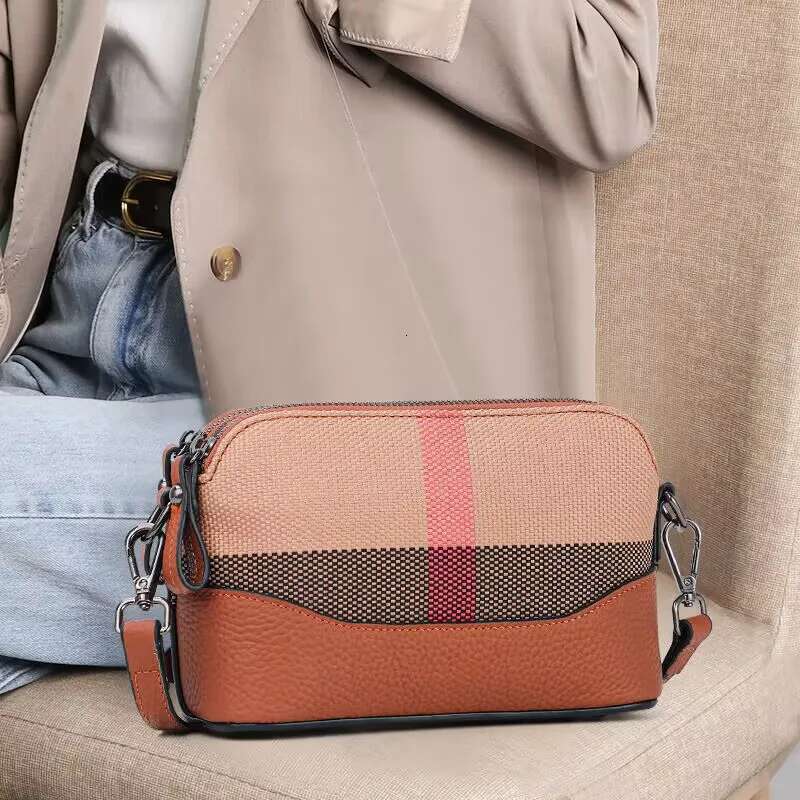 New Single Shoulder Crossbody Women's Fashionable Canvas With Cowhide Plaid Bag