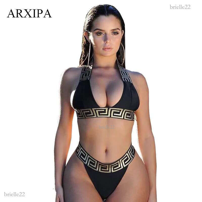 ARXIPA Sexy Bikini Sets For Women Bandage Swimsuit Crop Top Swimwear Thong Bathing Suit High Cut Beachwear Solid Print New Bather High-Cut Crop Top & 