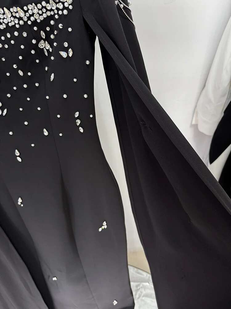 HIGH STREET Newest 2025 Designer Vestido Women's Dias Beaded Chains Cape Sleeve or Length Maxi Long Dress