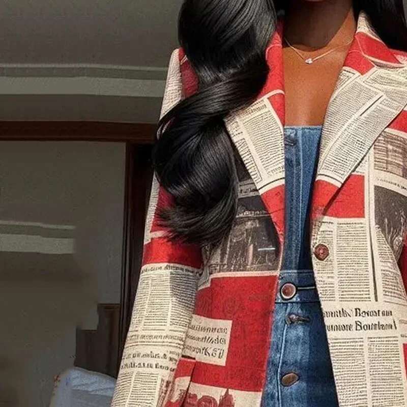 Modigirl Autumn Winter Coat Jackets For Women Newspaper Print Pattern Notched Collar Streetwear Female Long Blazer Outerwear
