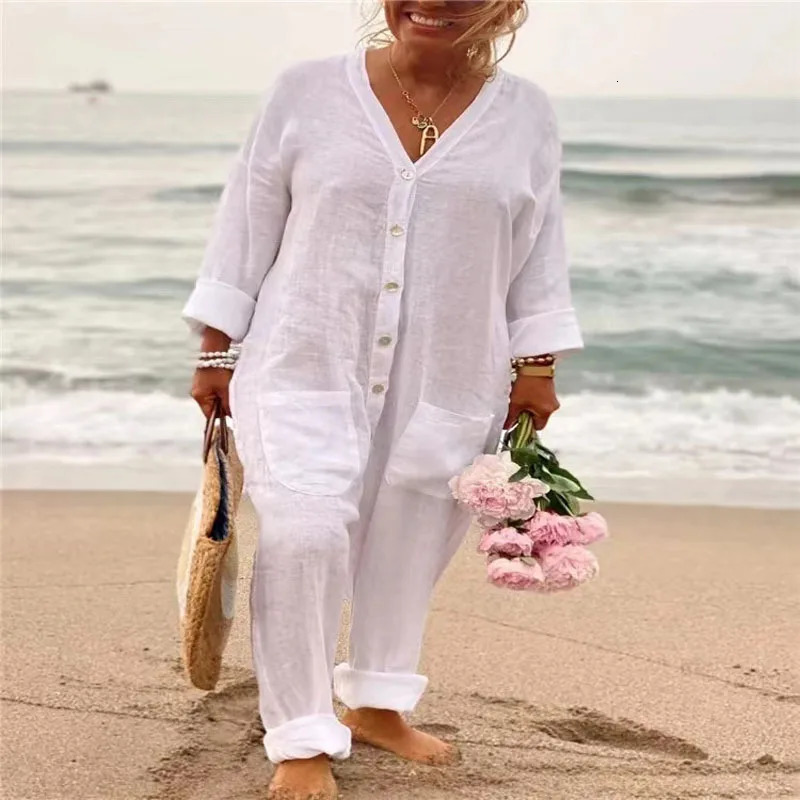Summer cotton and linen jumpsuit womens casual Vneck button fashionable loose fitting big pocket 250326