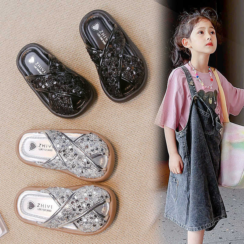 Slipper 2024 summer British style childrens slippers with sequins for girls middle-aged and young children princess shoes S25326