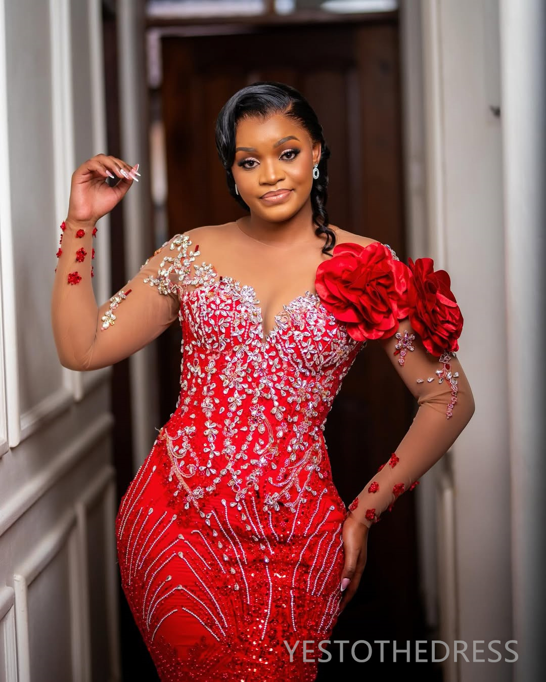 2025 Plus Size Red Prom Dress Mermaid Prom Dresses Formal Gowns Illusion Sheer Neck Long Sleeve Beaded Lace Birthday Second Reception Gown For African