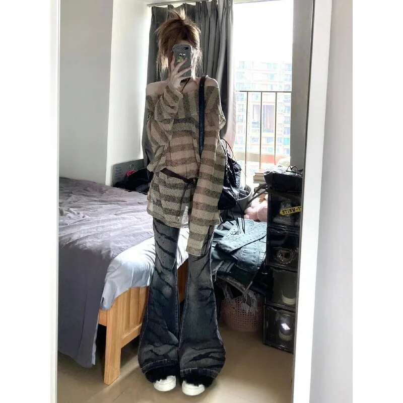 American Y2k High-Quality Washed Stripes Flared Jeans For Women Trendy Spicy Girl Slim Fit Drop Feeg Long Or Mop Pants