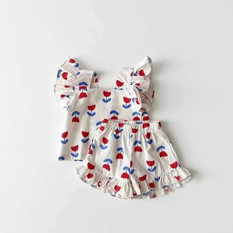 Summer Kids Girls Clothes Sets 2024 Flower Printed Sleeveless Tee Tops+Horses Suits Childrens Clothing SetT250327