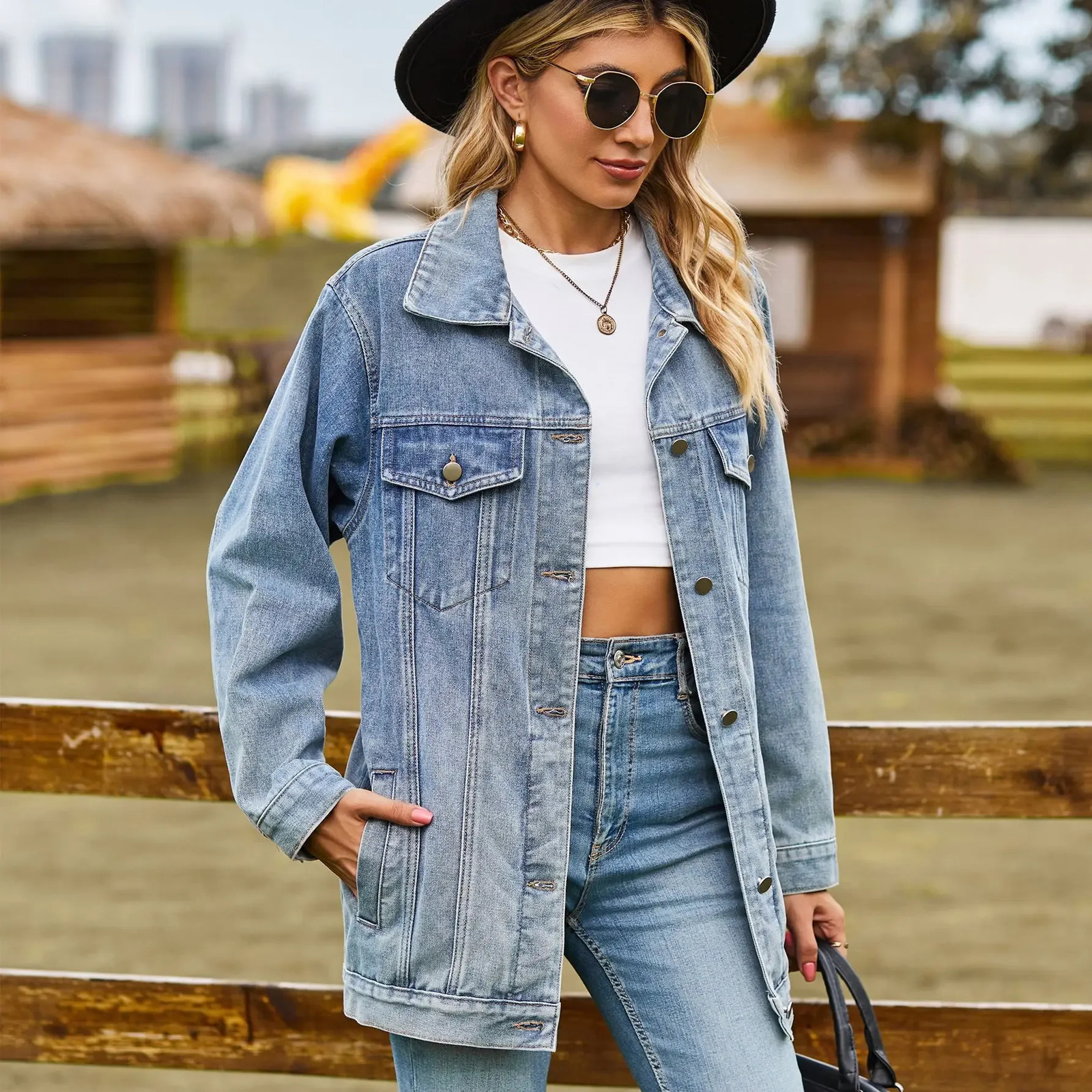 Classic womens denim jacket for autumn and winter loose mid length casual clothing S2XL 250326