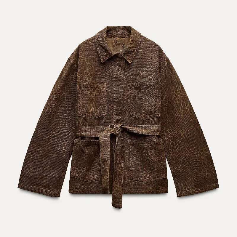 Women's Coat Woman Leopard Print Lapel Lace Up Jacket Casual Long Sleeve Pocket Coats New Autumn Lady High Street Office Outerwears