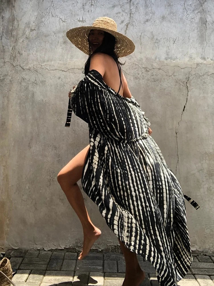 Fitshining Summer Retro Kimono Swimsuit Halo Stained Beach Cover with Belt Oversized Long Open Woolen Sweater Holiday Sexy 250326