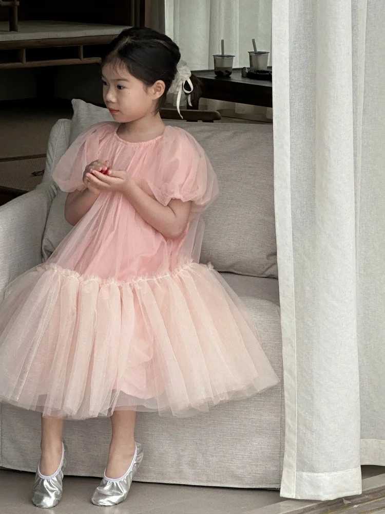 Childrens Dress 2025 Summer Short Sleeve Gauze Pink Kids Girls Princess Dress Bubble Sleeves Fluffy Girls Birthday Dress W250326