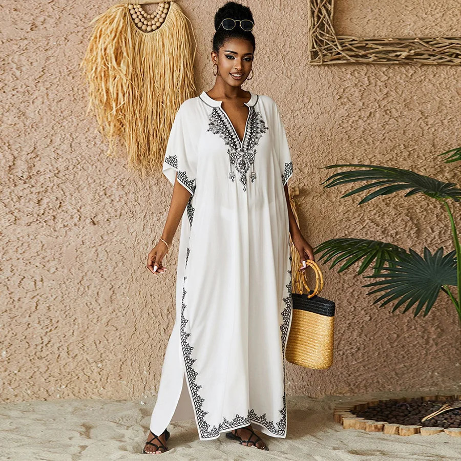 Kaftan Dress Womens Swimsuit Set Plus Size Beach Caftan Cover Ups Swimsuit Embroidery 250324