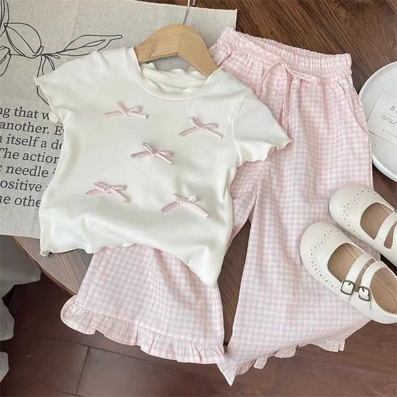 Childrens clothing set bow short sleeved top+flat leg wide leg pants set girl bow T-shirt childrens princess clothingT250327