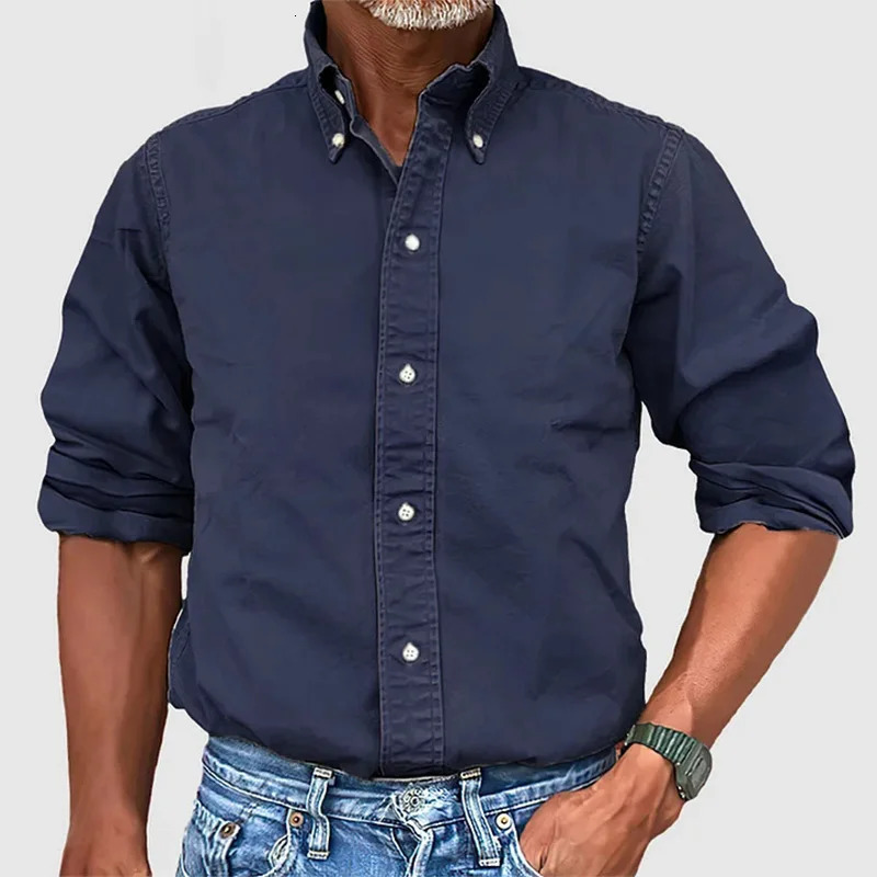 mens solid color long sleeved lapel clothing single chest shirt imitating denim 250326