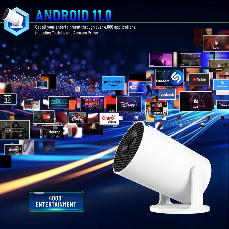 HY300 Pro+ Smart Projector Android11 4K 1280*720P Dual Wifi 260ANSI 180 Flexible BT5.0 Cinema Outdoor Portable Projetor