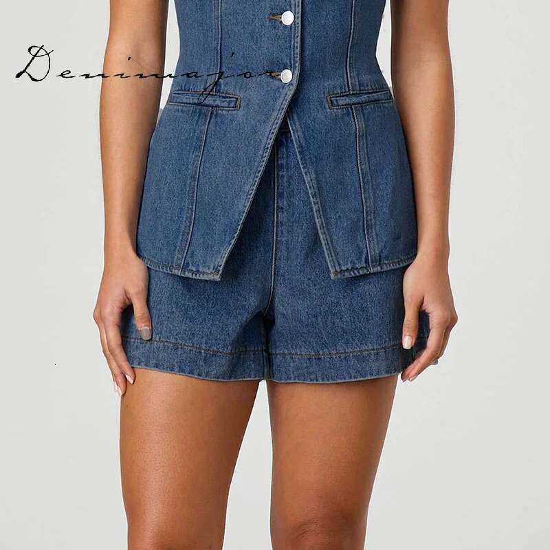 Street Denim Vest Set Women Solid Single Breasted V-Neck Sleeveless Top High Waist Shorts Female Summer Elegant Lady Suits