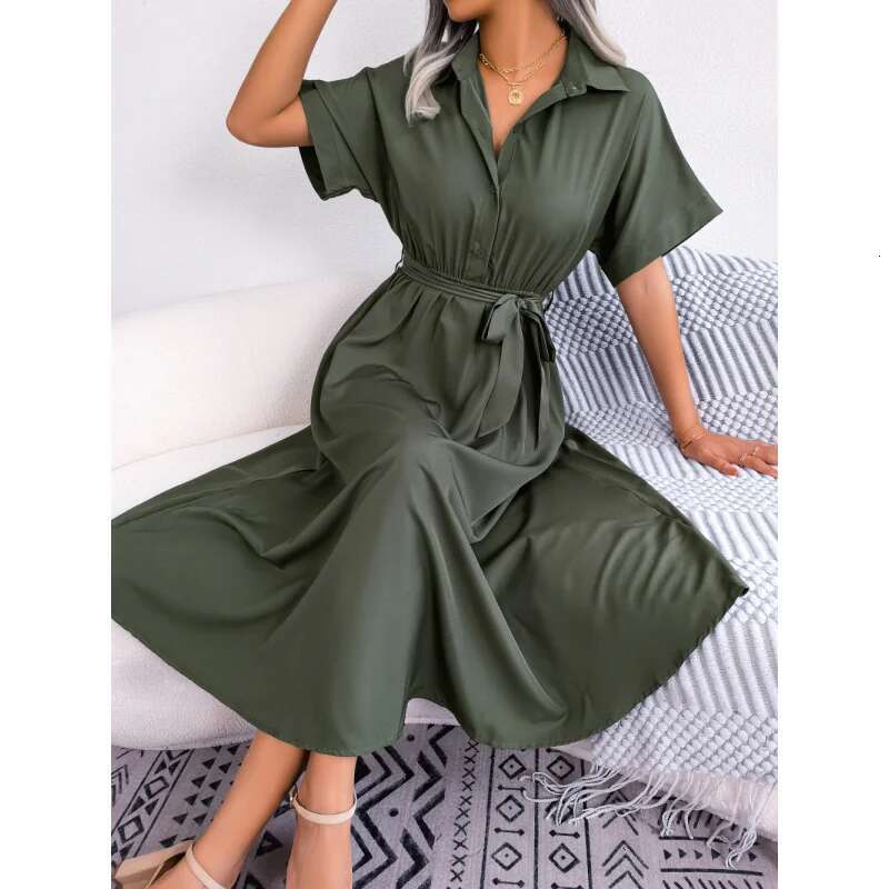 Dongdumaoyi Zomer Casual Losse Effen Kleur Stropdas Shirtjurk Lange Jurk C