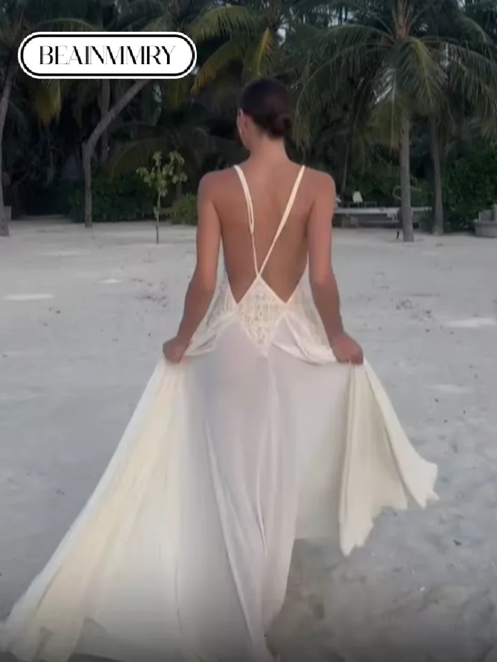 Elegant white Vneck pleated sleeveless long dress for womens fashion off shoulder holiday backless beach 2025 party vest 250324