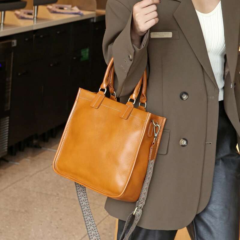 Vintage Cowhide Genuine Leather Tote Handbags For Women 2025 Designer Wide Strap Ladies Shoulder Crossbody Bags