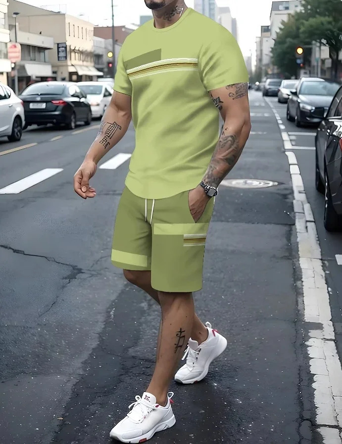 Summer mens sportswear fitness fashion running set casual Tshirtshorts breathable jogging 2piece striped 250326