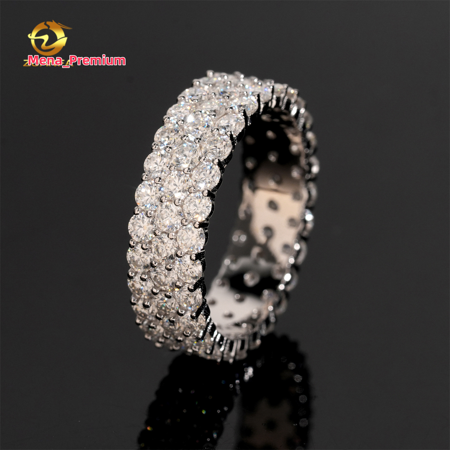 3rows Round Moissanite Band Ring 925 Silver Gold Plated Luxury Hip Hop Style Mens Rings