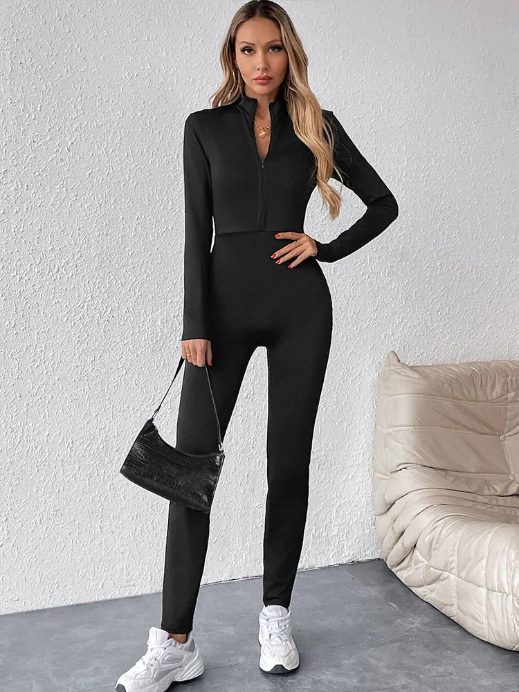 Womens jumpsuit spring fashion streetwear long sleeved semi high neck zipper tight black sexy womens 250326