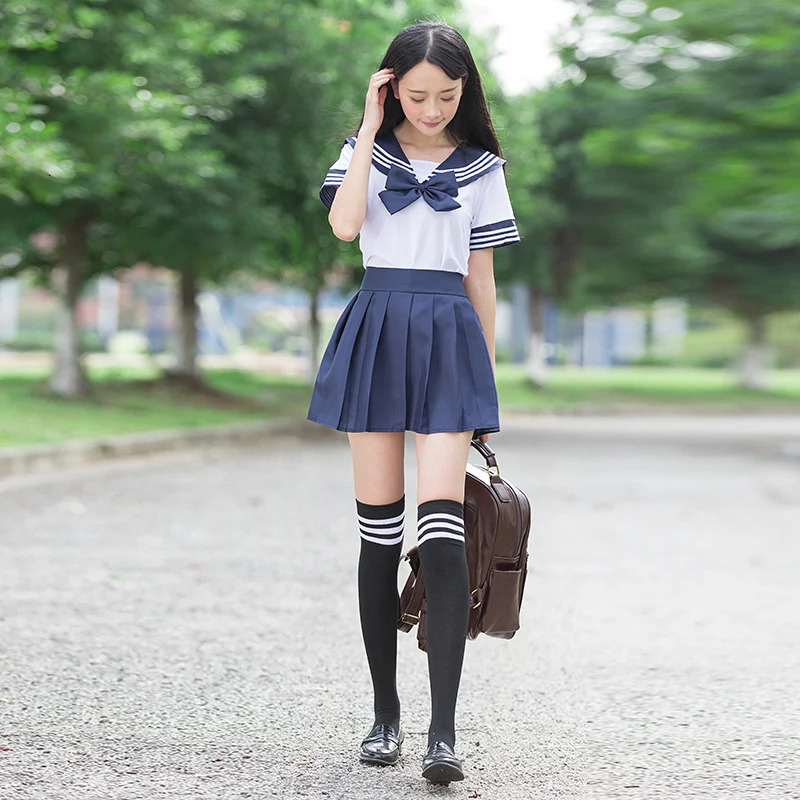Sailor Set School Uniform JK Girls White Shirt and Deep Blue Tight Student Role Play 250326