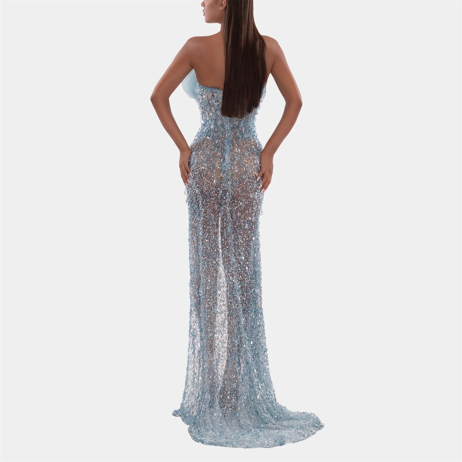 Designer Evening Dresses Sweetheart Neck Sleeveless Gown Sequins Backless Split Side Sweep Train Dress Party Customized Dress